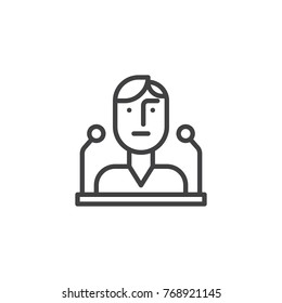 Public speech line icon, outline vector sign, linear style pictogram isolated on white. Person at podium with microphones symbol, logo illustration. Editable stroke
