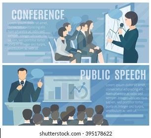 Public speech to live audience and successful conference presentations 2 flat banners composition poster abstract isolated illustration vector