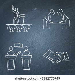 Public speech and political debates chalkboard icon set. Conference statement, discussion and agreement. Vector illustration.