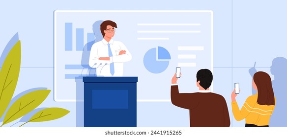 Public speech and presentation of scientific research by scientist speaker. Smart man with glasses standing at podium with microphones to speak in front of audience cartoon vector illustration