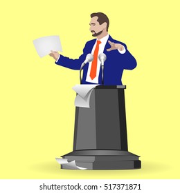 Public speech, presentation, training, seminars, political debates, motivation, theater, elections. Man, the speaker, lecturer, actor, deputy manager, coach. Stock Vector. Icon. Illustration. Image.