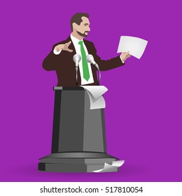 Public speech, presentation, training, seminars, political debates, motivation, theater, elections. Man, the speaker, lecturer, actor, deputy manager, coach. Stock Vector. Icon. Illustration. Image.