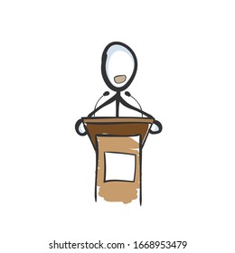 Public speech of a president or mair. Lecture for audience. Speaker behind stand with micrphone. Hand drawn. Stickman cartoon. Doodle sketch, Vector graphic illustration