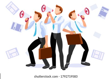 Public speech, promotion with megaphone or social alert. Megaphone cartoon symbol. Promotion work, speech for marketing. Public and advertising for a team media relations. Social media concept Vector.