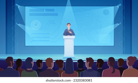 Public speech of scientist at science conference or symposium vector illustration. Cartoon confident speaker standing at podium on stage to explain to audience scientific presentation on screen