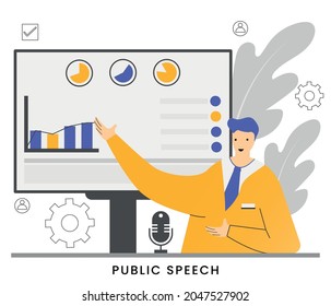 PUBLIC SPEECH - Seminar speaker doing presentation training about marketing, e-commerce, and sales. Specialist speaking in the microphone. Vector illustration