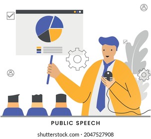 ÖFFENTLICHE SPEECH - Seminarredner, die Präsentationstrainings über Marketing, E-Commerce und Vertrieb durchführen. Spezialist, der im Mikrofon spricht. Vektorgrafik