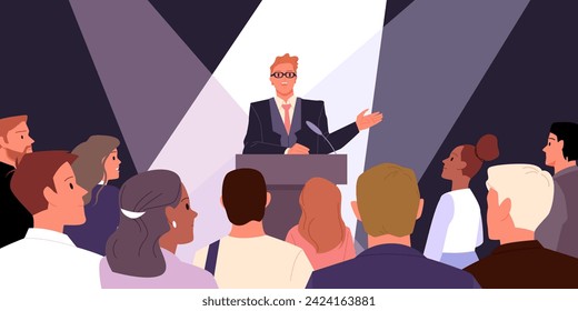 Public speech of speaker at podium during conference. Smart happy man with glasses standing at rostrum in rays of spotlights and speaking to crowd through microphone cartoon vector illustration