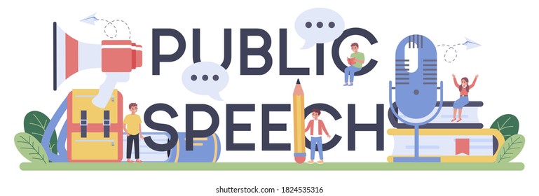 Public speech typographic header. Voice training and speech improvement. Public speaking and voice projection techniques. Isolated flat vector illustration