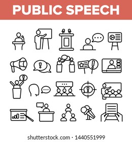 Public Speech Vector Thin Line Icons Set. Public Speech, Oratorical Skills Linear Pictograms. Presentation, Interpersonal Communication, Political Debates, Press Conferences Contour Illustrations