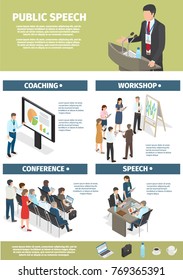 Public speech web banners set in coaching workshop conference concept vector illustrtion. Businessmen with laptops, color charts.