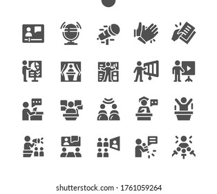 Iconos sólidos de vectores perfectamente diseñados de píxeles perfectos para voz pública 30 Cuadrícula 2x para gráficos y aplicaciones web. Pictograma mínimo simple
