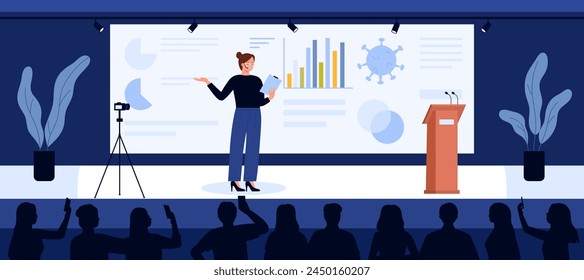 Public speech of woman on scientific conference, training event. Female speaker standing on stage with podium for science lecture and presentation in front of audience cartoon vector illustration