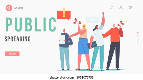 Public Spreading Landing Page Template. Characters Holding Digital Devices and Megaphone Call to Sign Online Petition. Law-abiding Dwellers Execute their Rights. Cartoon People Vector Illustration