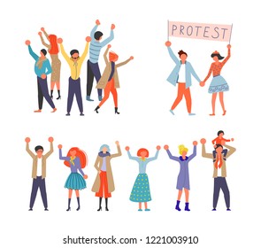 Public Street Protest concept. Group of people walking in a mass march formation on the demonstration. Vector illustration eps 10