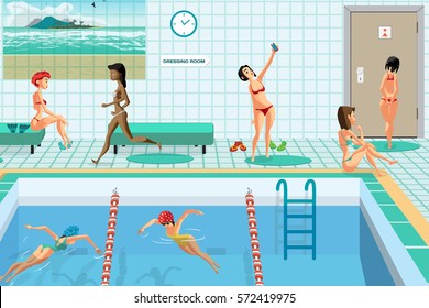 Public swimming pool inside with blue water. Women engaged in water sports. Flat cartoon vector illustration