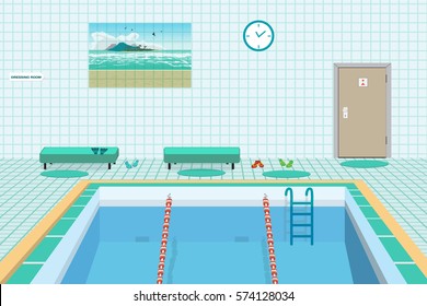 Public Swimming Pool Inside With Blue Water. Flat Cartoon Vector Illustration
