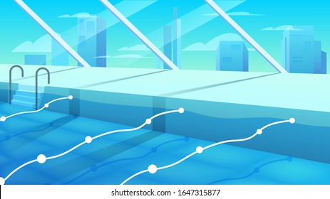 Public swimming pool inside view. Sport pool with clean blue water with rows with dividers. Sport complex pool. Isolated vector illustration in cartoon style