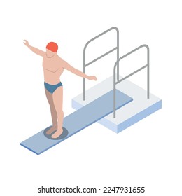 Public swimming pool isometric composition with isolated human character on blank background vector illustration