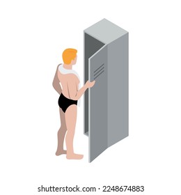 Public swimming pool isometric composition with isolated human character on blank background vector illustration