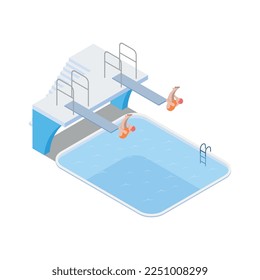 Public swimming pool isometric composition with isolated human character on blank background vector illustration