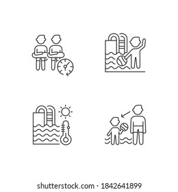 Public Swimming Pool Linear Icons Set. Aqua Park Rules, Keeping Distance And Watching Children. Kids Pool Customizable Thin Line Contour Symbols. Isolated Vector Outline Illustrations. Editable Stroke