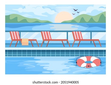 Public swimming pool. Resort pool with clean blue water. Big modern hotel pool exterior. Flat vector illustration