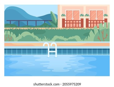 Public swimming pool. Resort pool with clean blue water. Big modern hotel pool exterior. Flat vector illustration