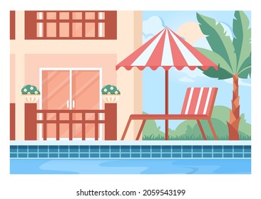 Public swimming pool. Resort pool with clean blue water. Big modern hotel pool exterior. Flat vector illustration