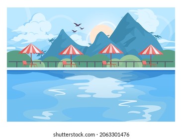 Public swimming pool. Resort pool with clean blue water. Big modern hotel pool exterior. Flat vector illustration