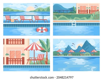 Public swimming pool set. Resort pool with clean blue water. Big modern hotel pool exterior. Flat vector illustration