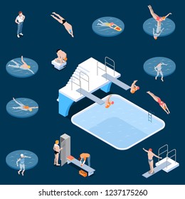 Public swimming pool sports equipment locker room elements and visitors isometric set dark background isolated vector illustration