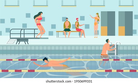 Public Swimming Pool With Water. Heated Indoor Accommodations. Man Swimming In Pool With Lanes. Woman Jumping From Diving Board. People Exercising, Doing Sport, Flat Cartoon Vector Illustration.