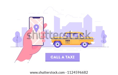 Public taxi mobile application concept. Hand holding smart phone with taxi app on display. Urban taxi service. Flat vector illustration.