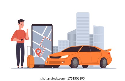 Public taxi mobile application modern concept. Online ordering taxi car, rent and carsharing. Young man wait for taxi driver vector illustration concept for landing page, template, app, poster, banner