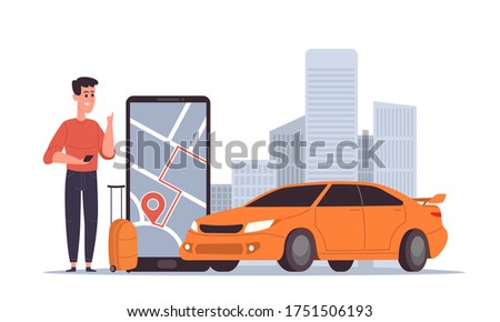 Public taxi mobile application modern concept. Online ordering taxi car, rent and carsharing. Young man wait for taxi driver vector illustration concept for landing page, template, app, poster, banner