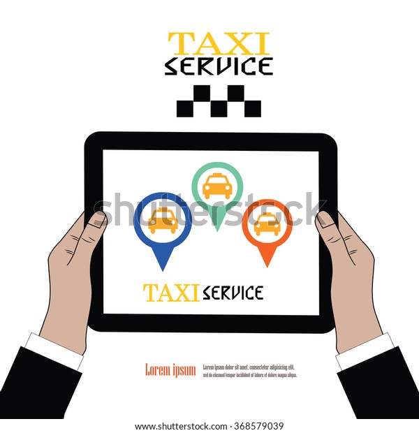 Public taxi online\
service.mobile application. hand hold tablet with taxi\
application.vector\
illustration.