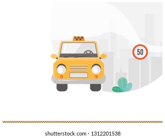 Public taxi web banner (isolated art) web concept.  Taxi like main character on background urban city, Sign. Urban taxi service. Sweet style. Flat vector illustration with noise. and look like map