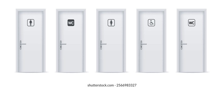 Public toilet door set. Male female accessible visitors entrances isolated vector illustration
