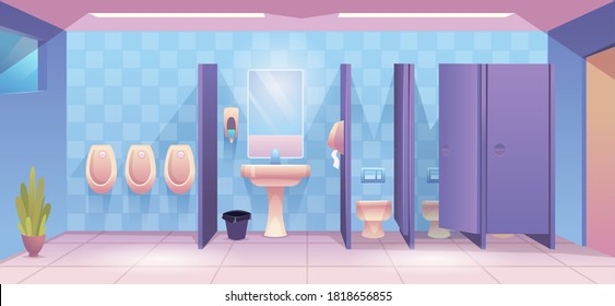 Public toilet. Empty cleaning room wc for male and female person clean toilet interior vector cartoon background