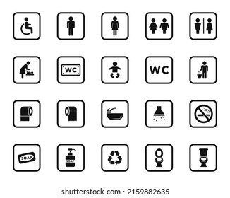Public toilet icon set. Toilet signs for male, female, disabled, baby. People icon set. Toilet icons. No smoke sign. Recycle sign. Restroom for boy or girl. Vector illustration