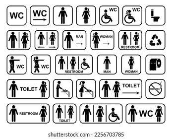 Public toilet icon set vector illustration. Restroom sign symbol man woman people stick figure line outline pictogram