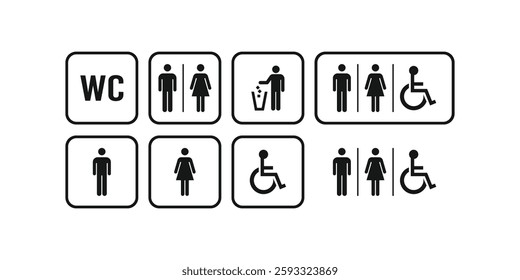 Public toilet icon set vector illustration. Restroom sign symbol man woman people stick figure line outline pictogram