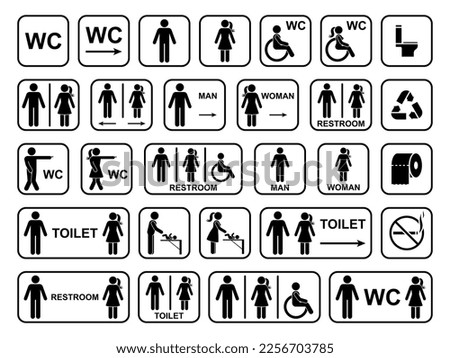 Public toilet icon set vector illustration. Restroom sign symbol man woman people stick figure line outline pictogram
