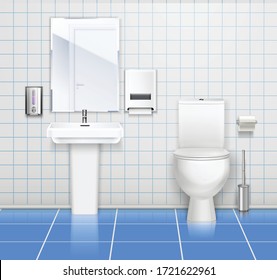 Public toilet interior colored composition with white and blue tile mirror washbasin and toilet vector illustration