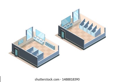 Public toilet. Isometric washroom for male and female people modern sink vector illustrations