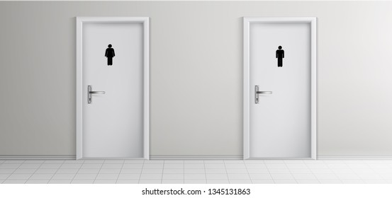 Public toilet male, female visitors entrances 3d realistic vector with corridor with tilled floor and two white doors with metal handles and man, woman pictogram illustration. Gender concept template