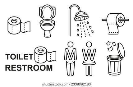 Public toilet, man and woman WC restroom, clean paper tissue towel roll, bathroom, shower room line icon set. Male, female washroom. Lavatory bowl, hygiene bathing. Throw rubbish in trash can. Vector