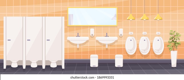 Public toilet for men, empty wc restroom interior with closed cubicles, urinals, washbasins with mirror and liquid soap, litter bin on tiled floor, Cartoon vector illustration