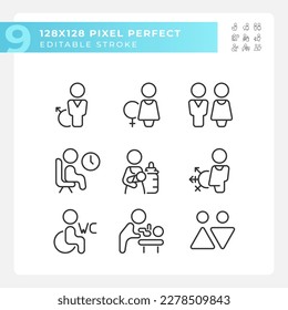 Public toilet rooms signs pixel perfect linear icons set. Hygiene in restrooms. Private place for guests. Customizable thin line symbols. Isolated vector outline illustrations. Editable stroke